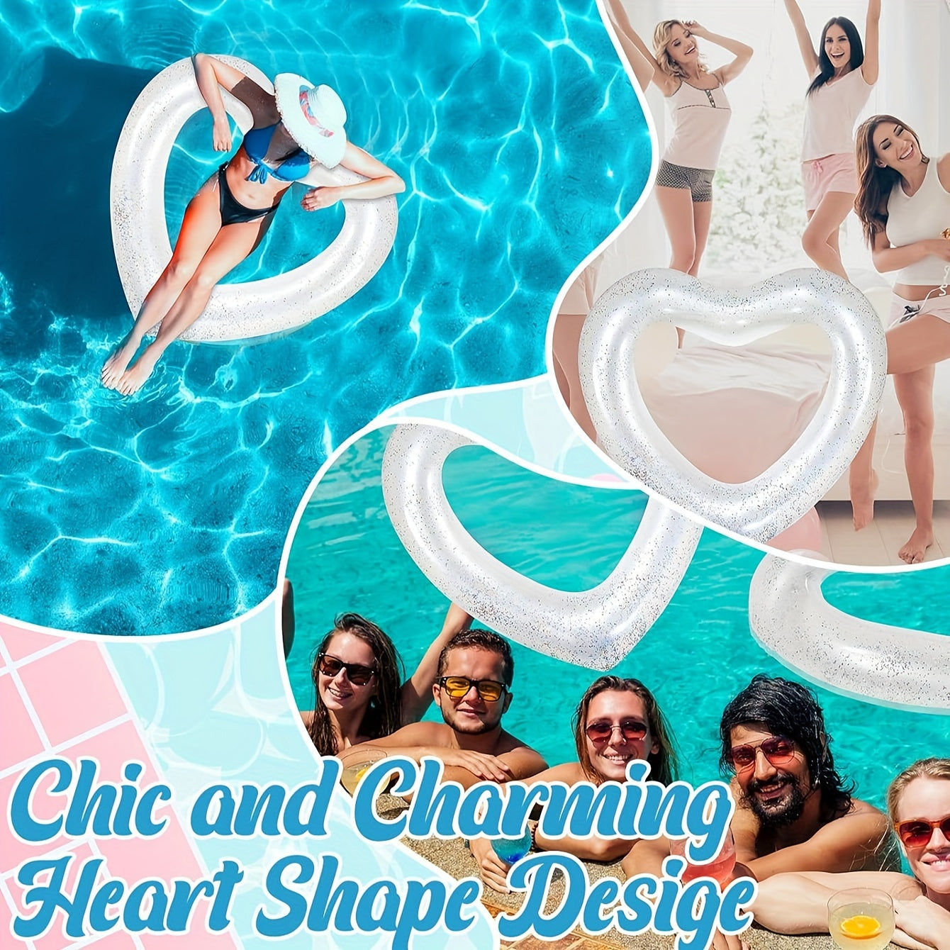 Heart Shape Swimming Ring With Sequin, Adult Thickened Swimming Ring Floating Bed, 35.43inch\u002F47.24inch